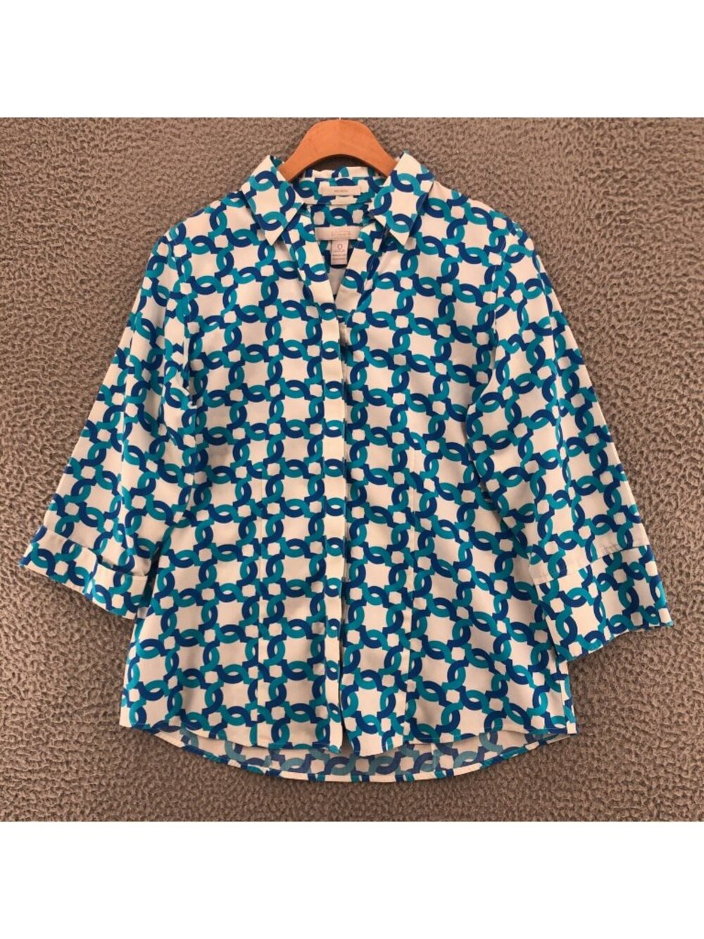 Chicos Shirt Womens 0 US 4 Blue Medallion No Iron Cotton Button Up 3/4 Sleeves